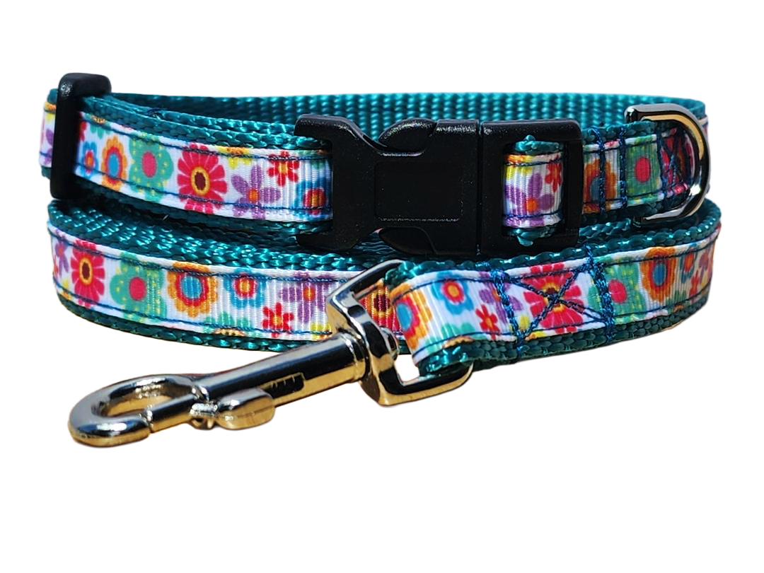 1/2" Teal Floral Dog Collar or Leash
